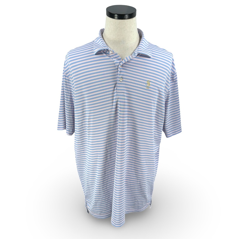 Peter Millar Summer Comfort Polo Shirt Mens XL Blue Pink Stripe Springhaven 1896